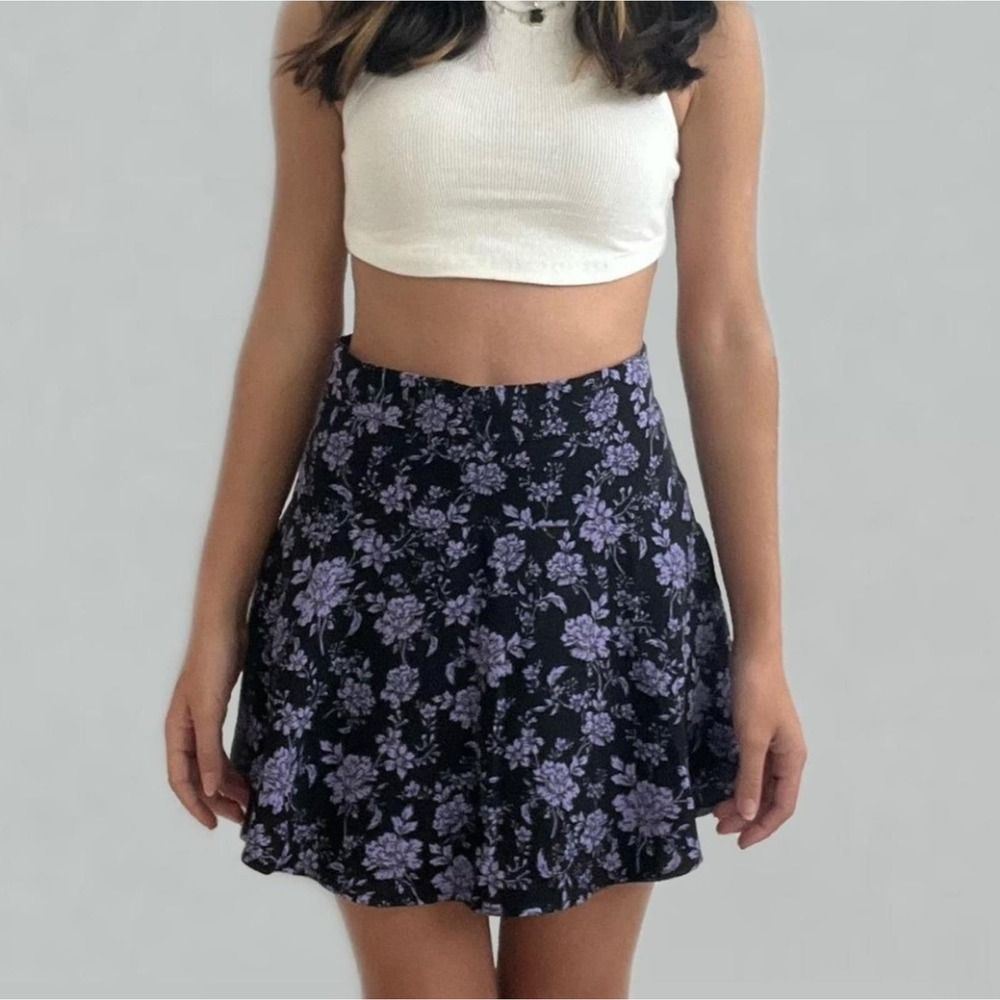 Zara Black & Purple Floral A Line Mini Skater Skort
